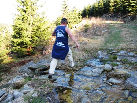 Quaxi überspringt elegant ein klares Gebirgsbächlein