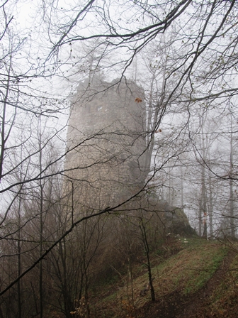 Turm der Burg Altpernstein im Nebel