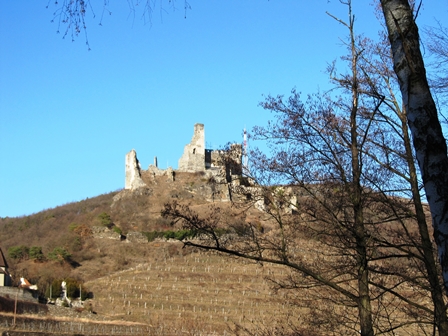 Blick zur Ruine Senftenberg bei strahlend blauem Himmel